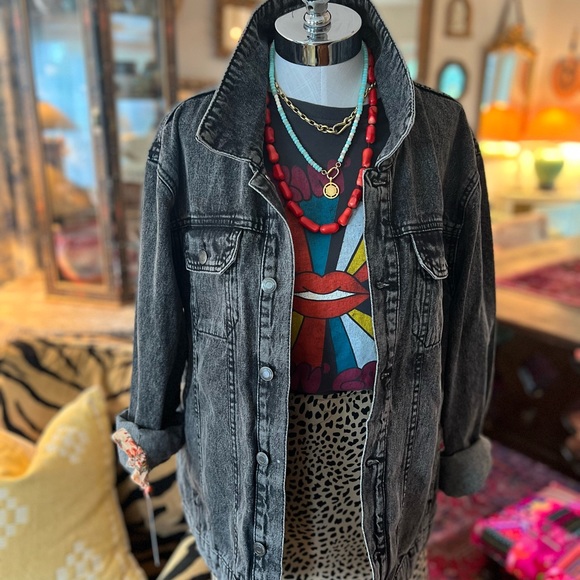 Reworked Black Boho Stonewashed Denim Jacket - Picture 2 of 14